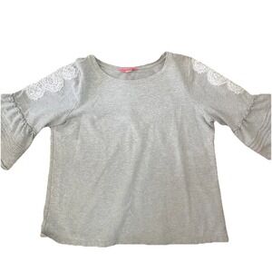LILY PULITZER Shirt Gray Bell Sleeve Knit Lace Top-XL (16) Cottagecore